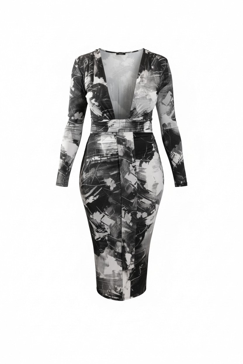 Deep Plunge Black Abstract Dress