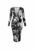 Deep Plunge Black Abstract Dress