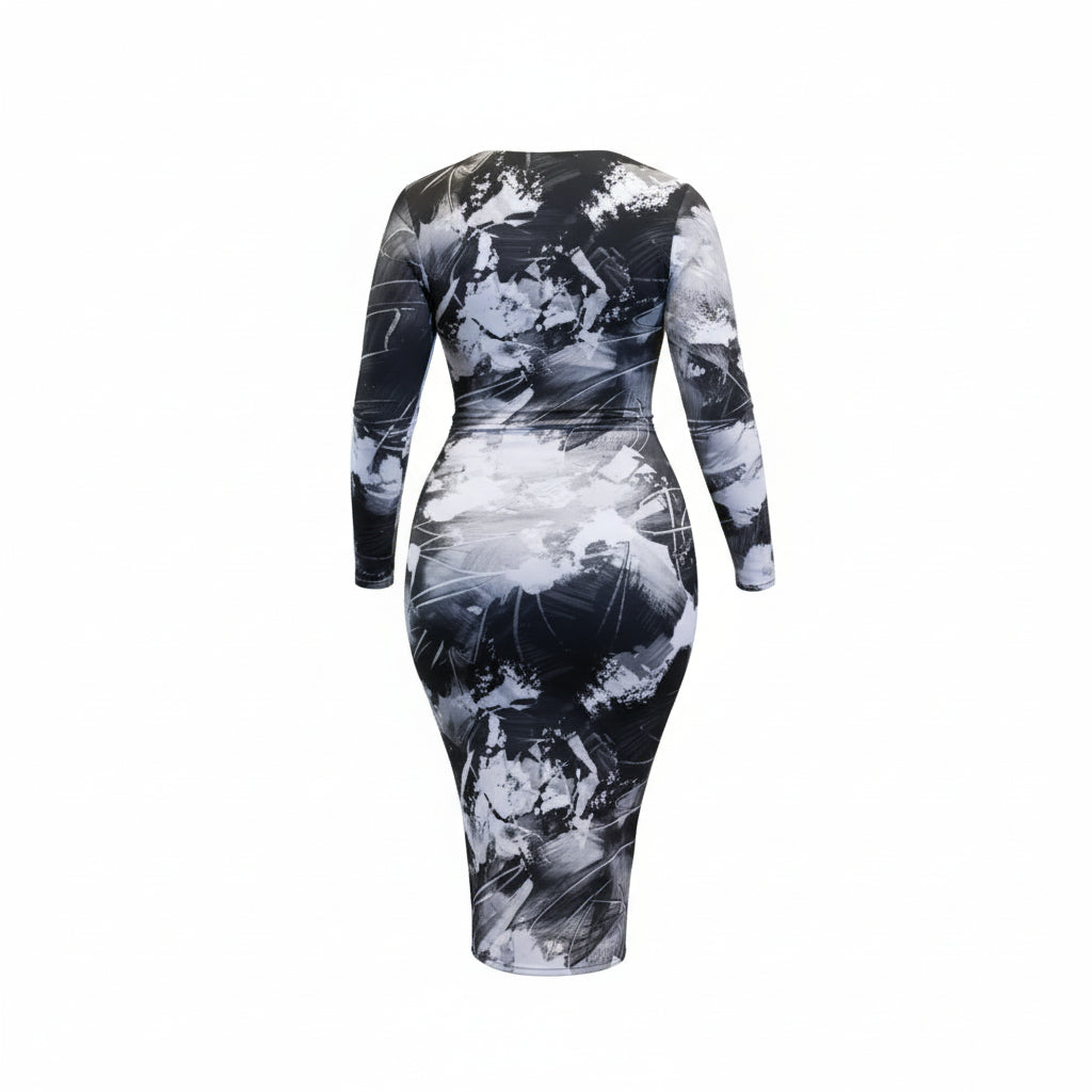 Deep Plunge Black Abstract Dress