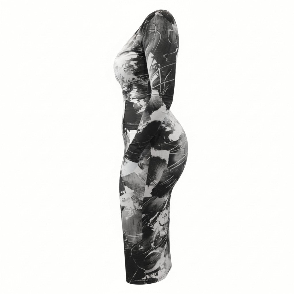 Deep Plunge Black Abstract Dress